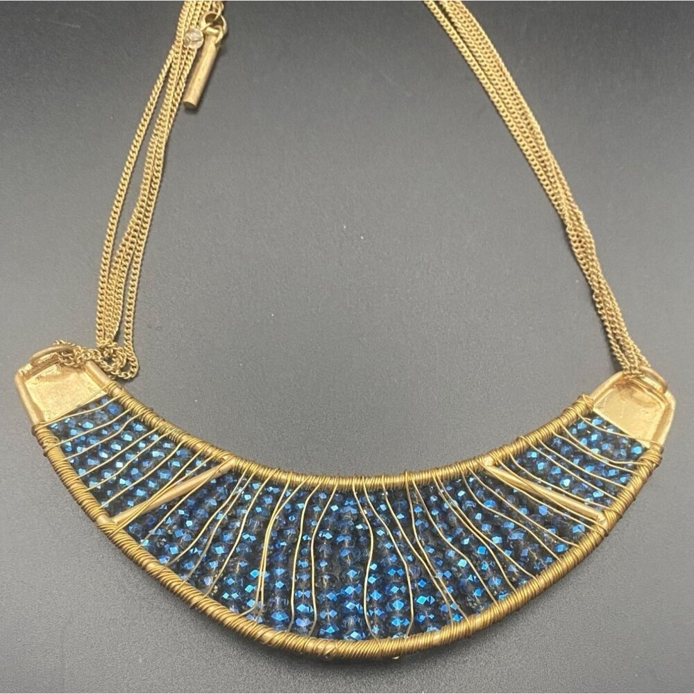 Signed Kenneth Cole New York Necklace AB Blue Beaded Bib Gold Multi Chain 18+3" - Picture 6 of 7